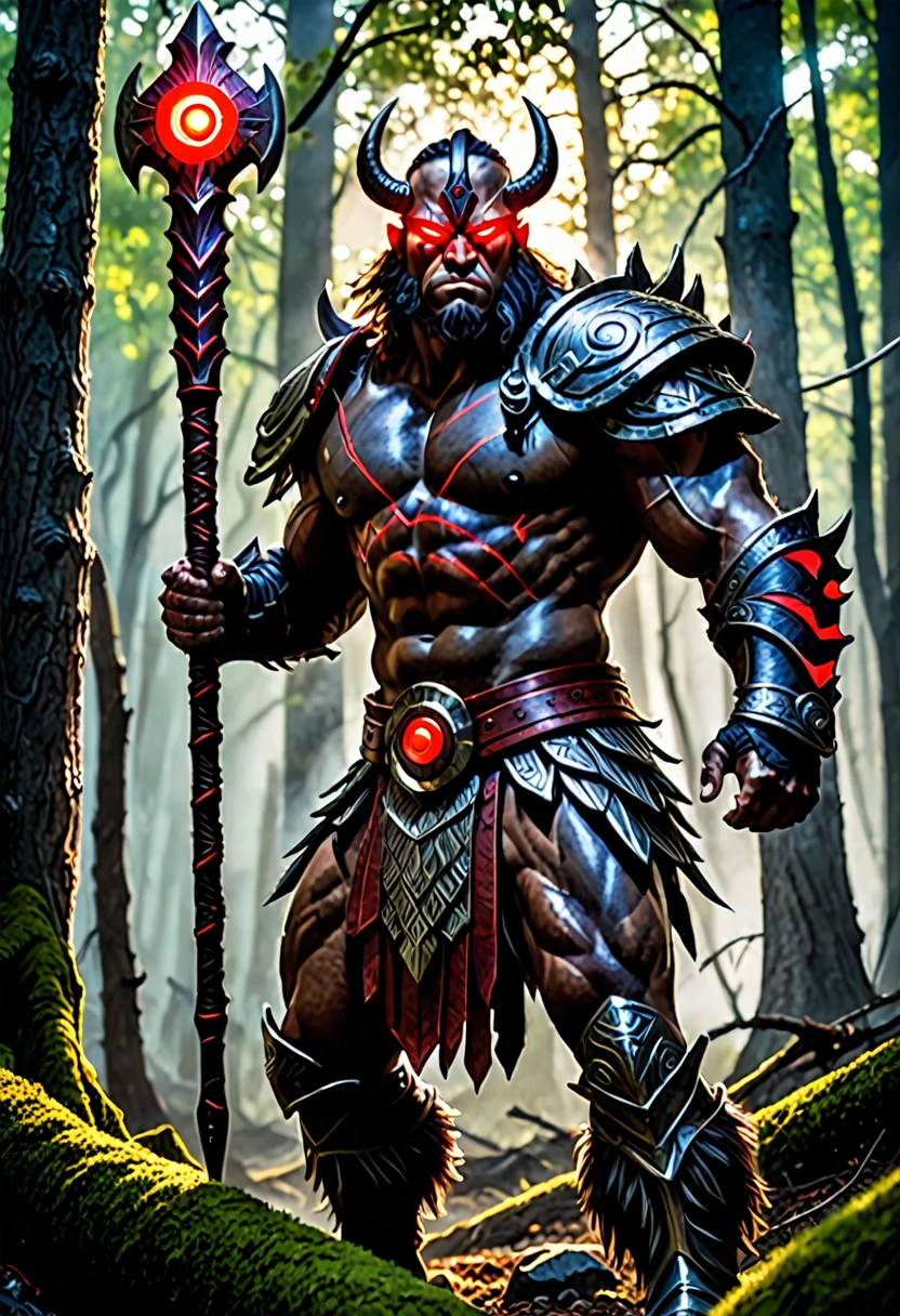D&D inspired Cyclops, Tribal armor, standing taller than trees, one large glowing red eye, wielding a massive club, muscular, photo quality, epic lighting, fantasy ambiance