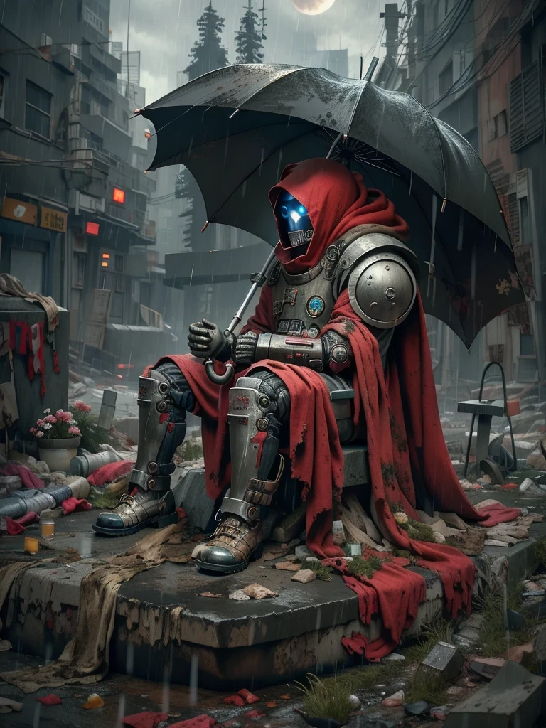 wasteland，A poor old robot sat on a rock, (Umbrella:1.3)，(用手撑着Umbrella:1.3)，(sit:1.2)，rust，Wearing tattered red armor，The skyline in the distance，Gothic，moss，A small white flower，cemetery，Gothic教堂，Blood red moon，Gothic元素，In the heavy rain，cold，gloomy