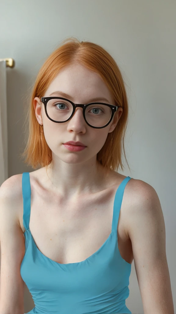 pale girl,very pale skin full of freckles, very bulging eyes, very ginger hair, very very very thin legs and very very very thin arms,backlighting, very thin face, bulging eyes, pale white skin, very freckled, very thin, very very large puffy ears, big long nose,flat stomach , glasses, no bra, braless,