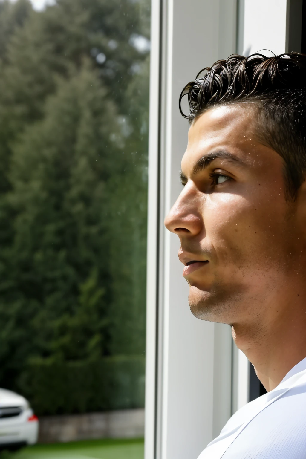 ((best qualityer)), ((work of art)), (detailded), Footballer Cristiano Ronaldo looks out the window of his house, see a car arriving, it's night