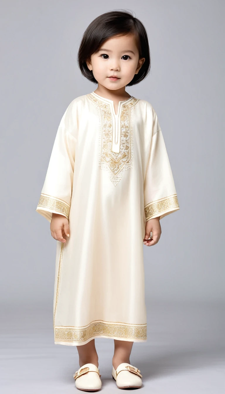 make a daughter about 2 years old, height 78 cm, short crew cut hair, wearing a cream-colored long-sleeved caftan, wear white shoes, full body, Indonesian children, portrait view