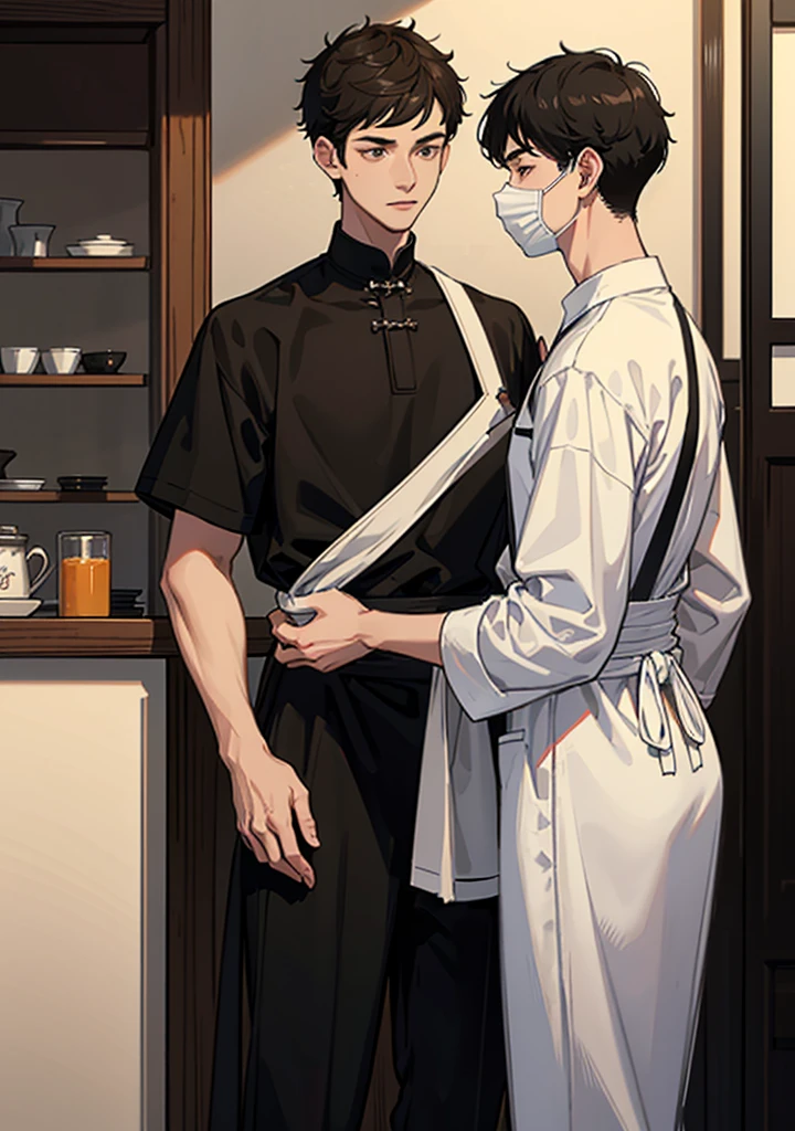 A tall boy with short black hair that wear a white university shirt under black apron and wear a black mask standing with a boy with short black brown hair that wear a university shirt and both of them standing in front of chinese soy milk store