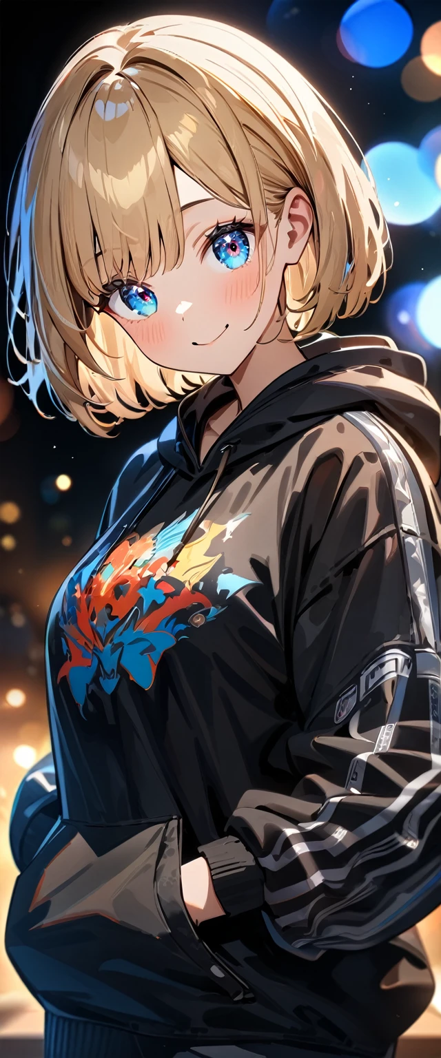 (((One girl))), blond hair, bob cut, (upper body), (looking at viewer), breasts, teenager, head tilt:1.3, (((blue eye))), (from side), hand in pocket, ((happy smile)), black hoodie, black shorts, anime style, (best quality, 4k, 8k, highres, masterpiece:1.2, ultra-detailed, ultra-detailed eyes, HDR, UHD, studio lighting, ultra-fine painting, sharp focus, physically-based rendering, extreme detail description, professional, vivid colors, bokeh)