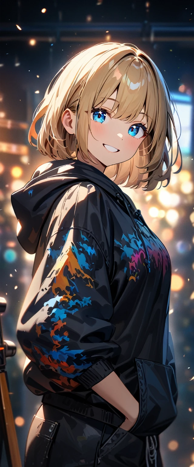 (((One girl))), blond hair, bob cut, (upper body), (looking at viewer), breasts, teenager, head tilt:1.3, (((blue eye))), (from side), hand in pocket, ((happy smile)), black hoodie, black shorts, anime style, (best quality, 4k, 8k, highres, masterpiece:1.2, ultra-detailed, ultra-detailed eyes, HDR, UHD, studio lighting, ultra-fine painting, sharp focus, physically-based rendering, extreme detail description, professional, vivid colors, bokeh)