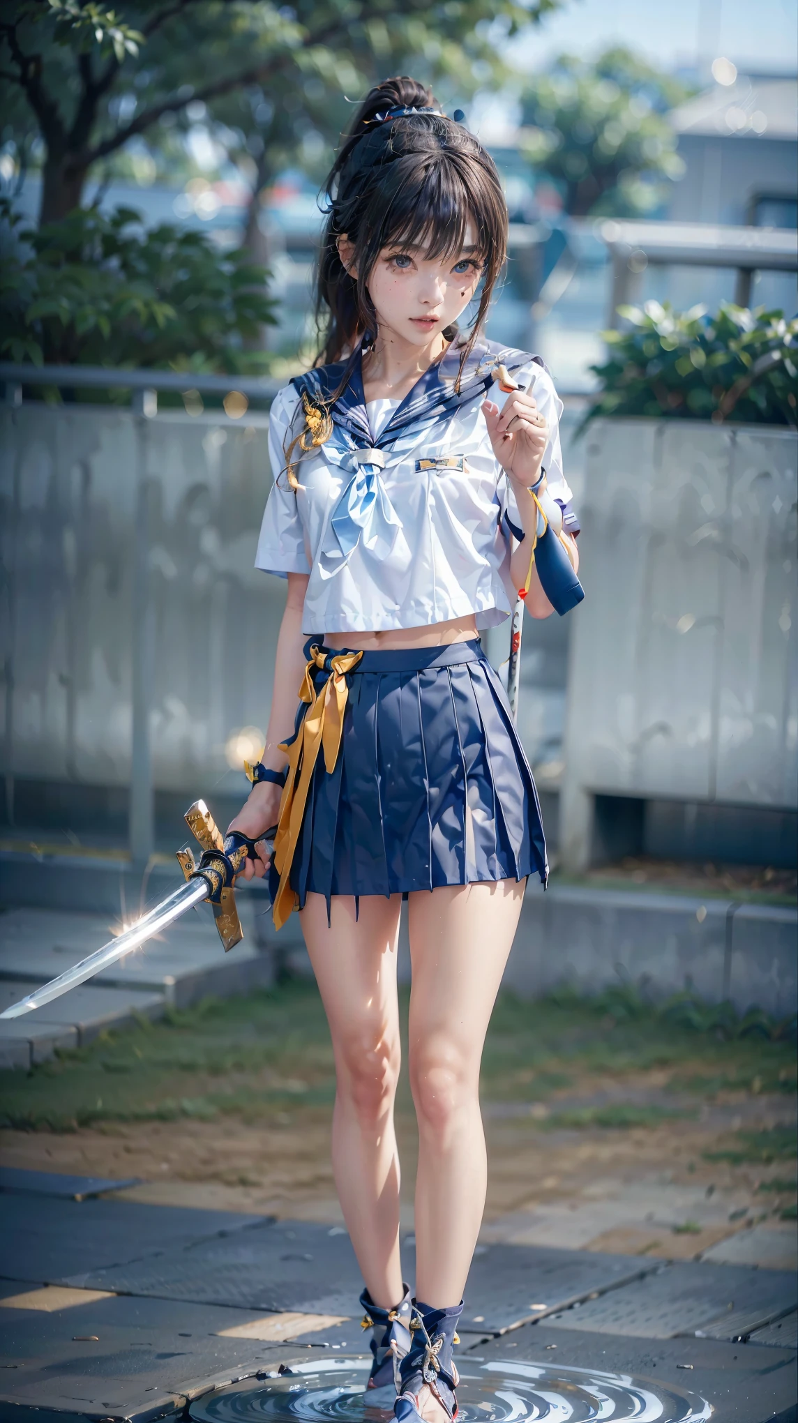 ((Battle Royale in the ruins of the city)), ((Sailor suits and pleated skirts)), (((Holding a dual sword))), Shingen-ryu Secret Stance, (beautiful girl, Baby Face:1.3, Idol Face), (Small and slender figure), (Slender body line), (Beautiful breasts), Small beautiful butt, (Highest quality, 8K, masterpiece:1.2), (Detailed eyes and face:1.3), (Detailed hands), (Reality:1.4), (Professional photography techniques, Cinema Lighting), (View the viewer:1.3), ((Desperate look)), (Ultra-detailed double-edged sword geometry), (Perfect Anatomy:1.3)
