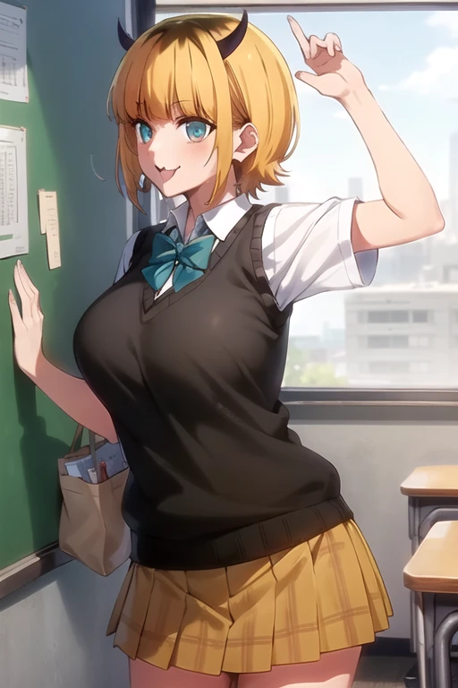 Highest quality, masterpiece, detailed,
memcho,
Mouth closed, :3, smile,
short hair, Blonde, Multicolored Hair, Aqua Eye, Blunt bangs, horn,
, Sweater vest, Collared shirt, Rolled up my sleeves, Brown Skirt, bow tie,
Are standing,, Put your arms behind your back,
classroom、From the side、Huge breasts:1.5