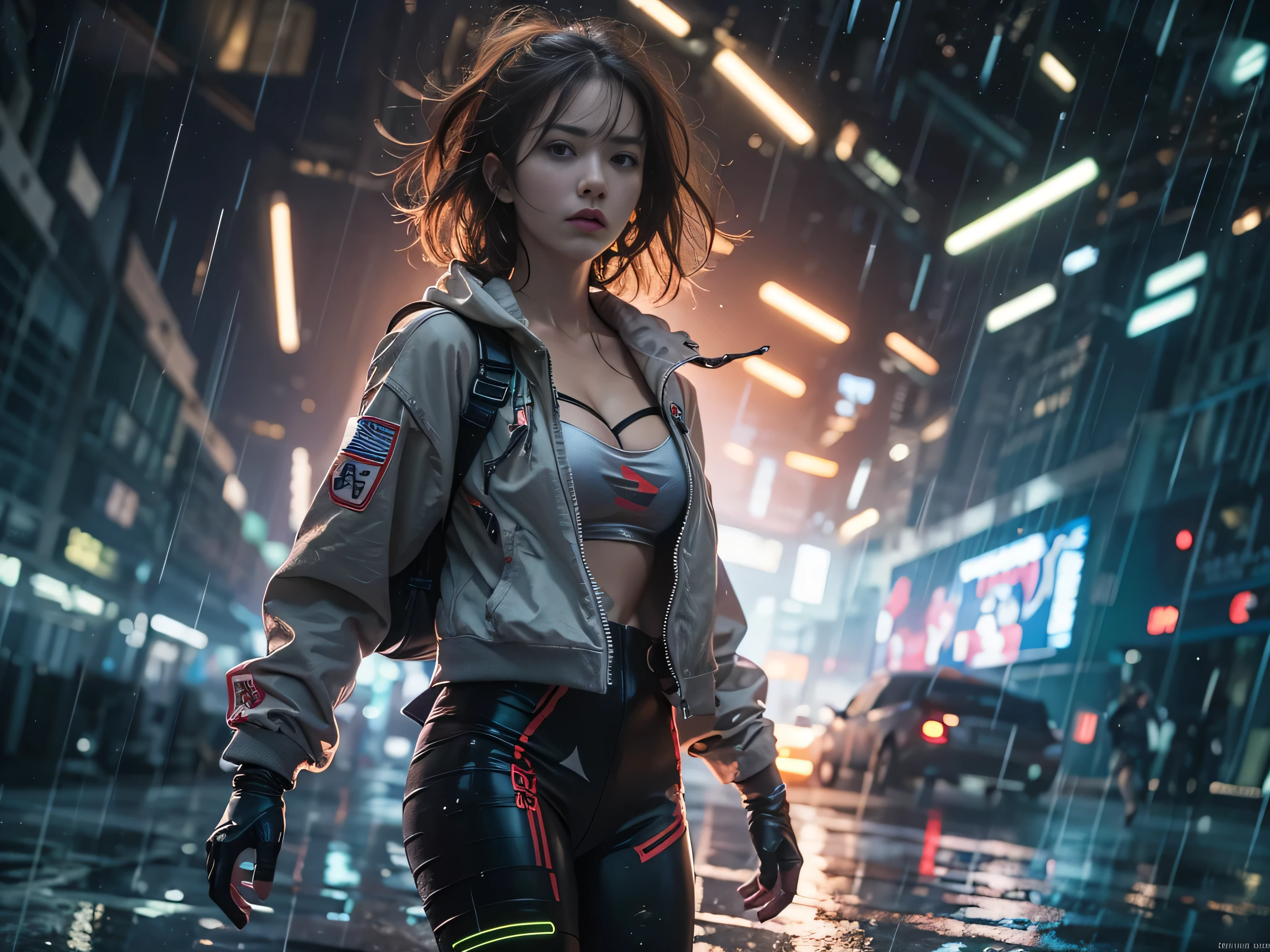 Best image quality, Cinema Lighting, Octane Rendering, Ultra Sharp, 1 girl, Japanese, Troubled face, Glowing Skin, Detained fugitives, Running, Brown Hair, Shortcuts, All-white pilot suit:1.3, Cleavage, cyber punk, A night sky filled with countless twinkling stars, Shining Milky Way, heavy rain:1.3, What&#39;s left behind, Laser beam attack, Big Explosion:1.3, Pillar of Fire:1.2, City in flames, flood, Wet Hair:1.5, Wet Skin:1.5, puddle, Fine Eyes, Fine skin, Camel Toe, Detailed CG image quality, 8mm fisheye lens, Angle looking up from below:1.2, (Full body angle), Soaking wet, The shutter speed is fast,