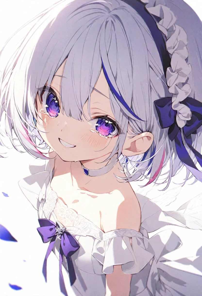 (muste piece), (best quality), very detailed eyes, expressive eyes, perfect face, very detailed face, highly detailed face, beautiful girl, 8K, beautiful girl, white background background, delicate and beautiful face and eyes, dark intense shadow,
1 girl, vtuber style, cool girl, hololive,amane kanata, streaked hair, short hair, Wedding dress, small chest, cropped shoulders, clavicle, one eye close, tears, smile with tears, body visible through clothes, chest visible through clothes, (full body), looking at viewer, standing,