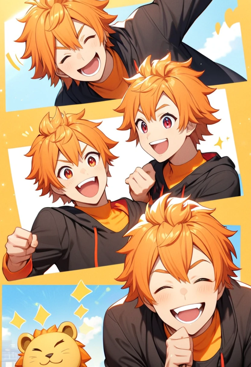 one person，Orange-haired boy，Lion style，Sunny and cheerful，Laughing，Red eyes，Blue eyebrows，Black clothes