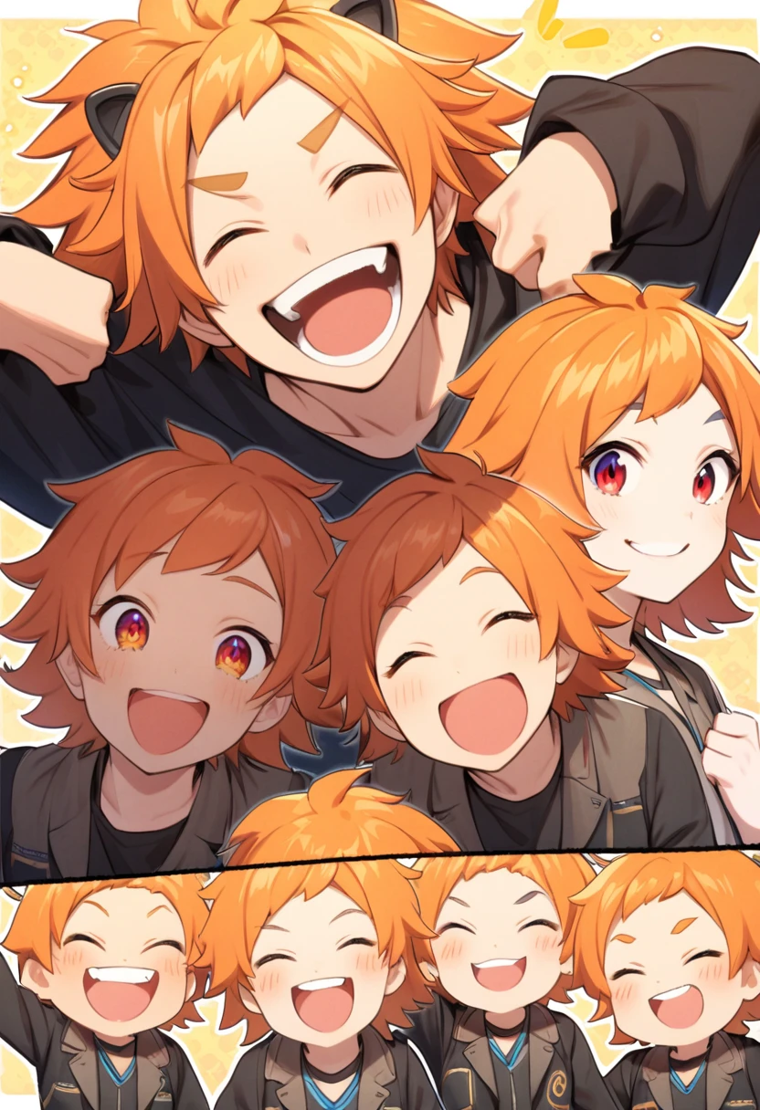 one person，Orange-haired boy，Lion style，Sunny and cheerful，Laughing，Red eyes，Blue eyebrows，Black clothes