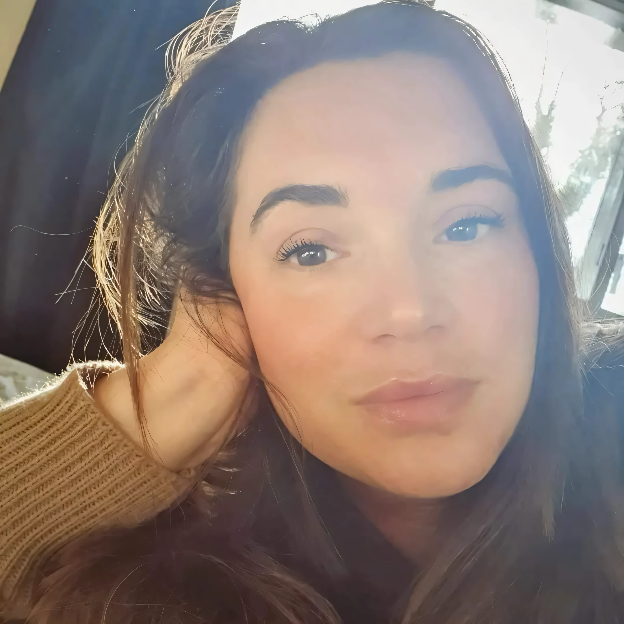 Her naked with big boobs and a hairy pussy and curvy body gently stroking her vagina on a couch