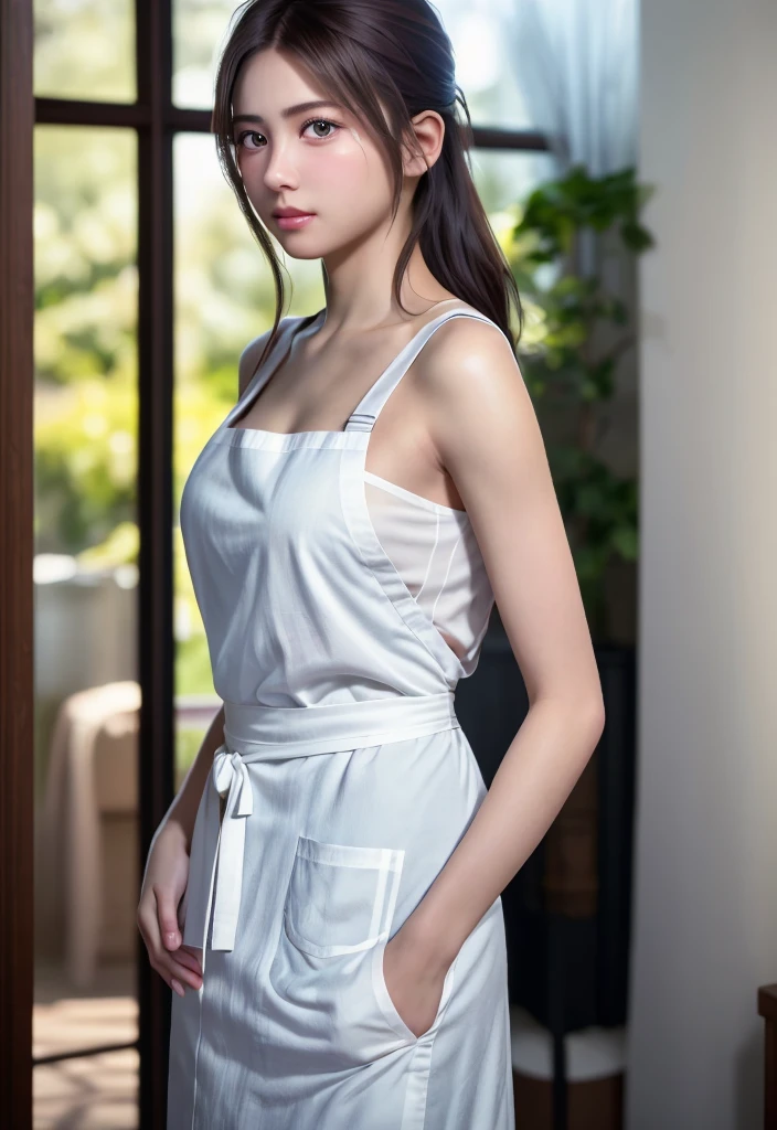 8K, of the highest quality, masutepiece:1.2), (Realistic, Photorealsitic:1.37), of the highest quality, masutepiece, Beautiful young woman, Pensive expression, Gentle eyes, Apron naked、full of shyness、Hair tied back, Messy mood, Cinematic background, Light skin tone