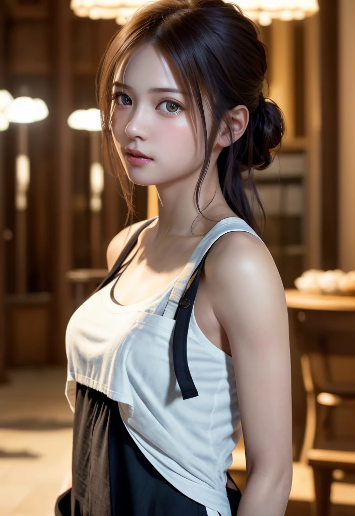 8K, of the highest quality, masutepiece:1.2), (Realistic, Photorealsitic:1.37), of the highest quality, masutepiece, Beautiful young woman, Pensive expression, Gentle eyes, Apron naked、full of shyness、Hair tied back, Messy mood, Cinematic background, Light skin tone