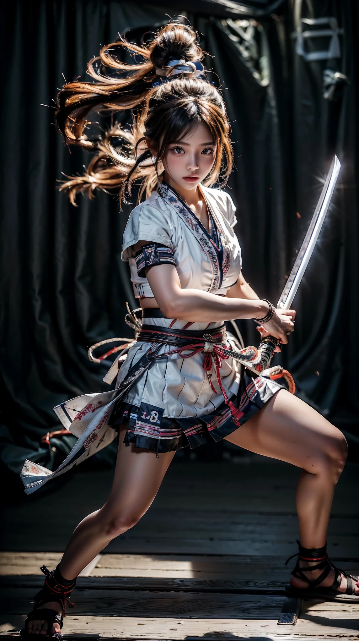 (Ultra HD, Highest quality, High resolution, Hyperrealistic, super beautiful), 24000dpi, Beautiful woman, high school girl, Long Tail, Headband, Well-formed eyes, Eyesight max, 18-year-old, Alluring, Completely American, perfect body, Physical Beauty, ((Japanese Sailor Suit:1.3, serahuku, Japanese style mini skirt)), (((hold, Electric Japanese Sword, Ancient Scabbard, Two-Way))), Blue Lightning, Charge Move, (Special move position), All in one, Absurd, (((Anatomically correct))), whole body