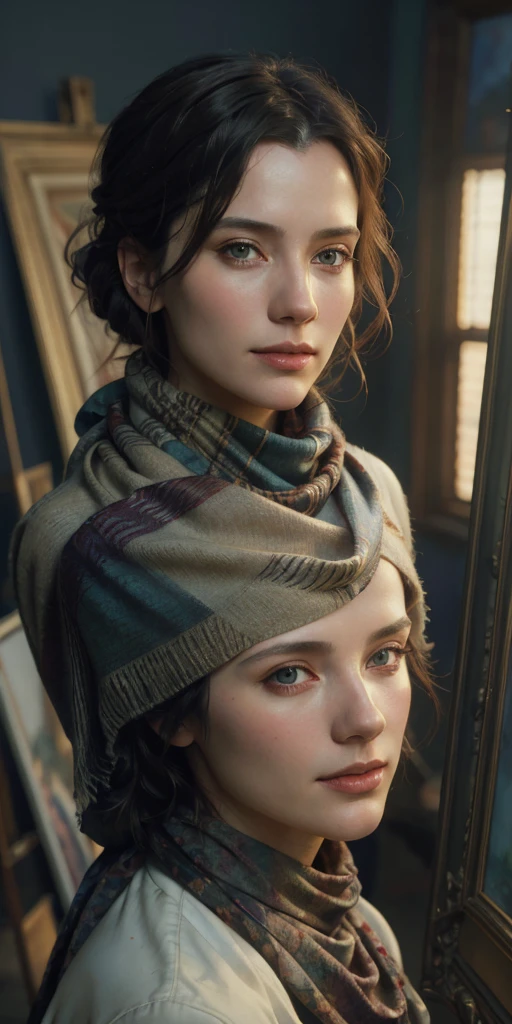 a painting of a woman with a scarf on her neck, (1girl:1.4), craig mullins alphonse mucha, artgerm craig mullins, beautiful character painting, rhads and lois van baarle, artgerm and atey ghailan, charlie bowater rich deep colors, ross tran 8 k, ( ( mads berg ) ), artgerm and craig mullins