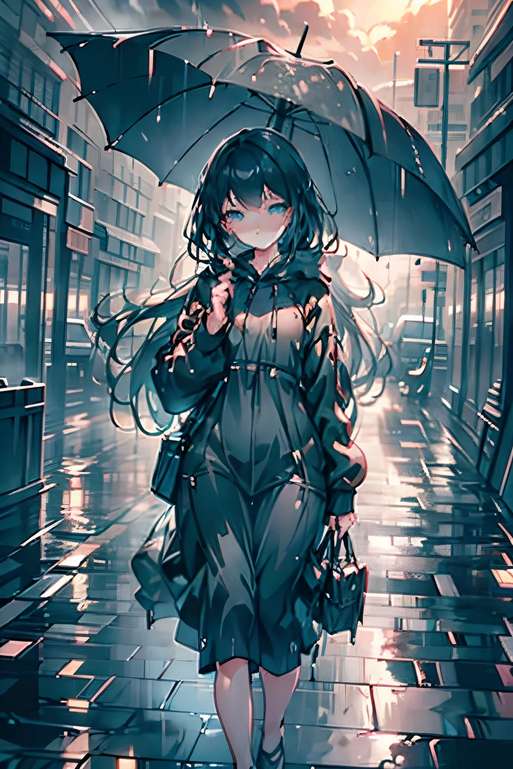 a woman walking in the rain at sunset, holding an umbrella, dramatic cloud-filled sky, cinematic mood, highly detailed, photorealistic, 8k, HDR, dramatic lighting, warm color palette, rain falling, puddles on the ground, realistic textures, intricate details, beautiful face and eyes, elegant pose, moody atmosphere