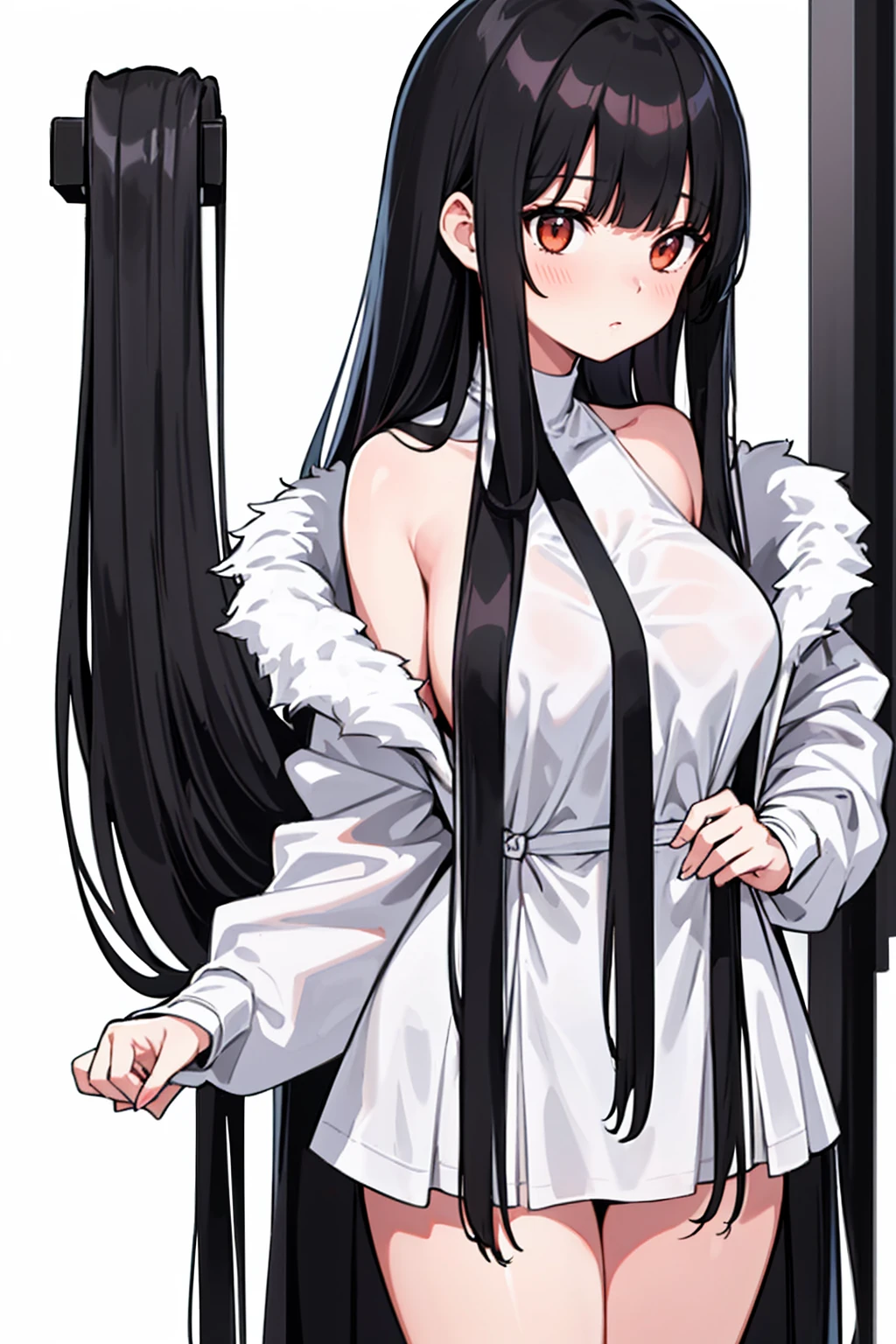 whole body,Standing posture, (alone,Beautifully arranged hair,Black Hair,Straight Long Hair,Hime cut,Cropped bangs,) (Super big breasts,Girl,), (beautifully drawn face:1.2) (Naked,Completely naked,) Embarrassed expression,(White background)