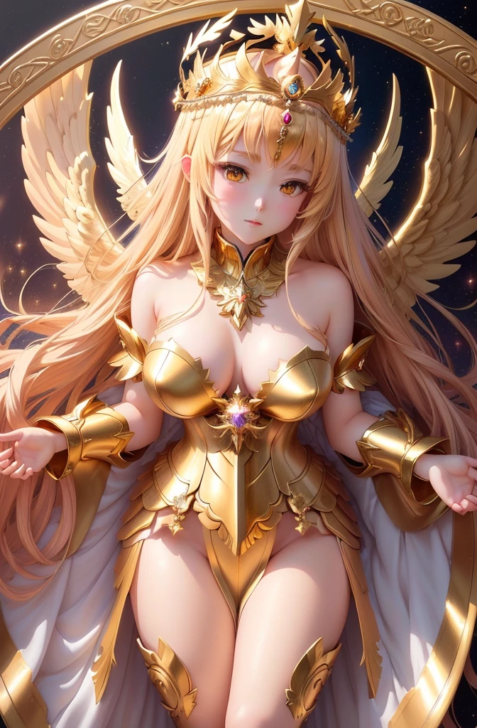 ((sit on throne))((sexy tall supermodel)) ((beautiful face)) (red lipstick) ((big bright eyes)) ((very long blonde messy hair with long bangs covering one eye)) ((pale skin)) ((very huge breast:1.5)) (perfect body:1.3) ((barr breast a showing pussy, nipples nude)) ((sexy gold armour, big metallic wings ornamented with gold)) ((fantasy stocking, long boots, gauntlets, crown)) ((sexy supermodel posing inside photo studio for camera epic photoshoot, light of reflector over her, fantasy decoration, magic crystals))(high resolution, dynamic shadows)((photorealistic:1.5)) ((masterpiece:1.3)) (8k) (perfect face) (best quality) (perfect hands and eyes)