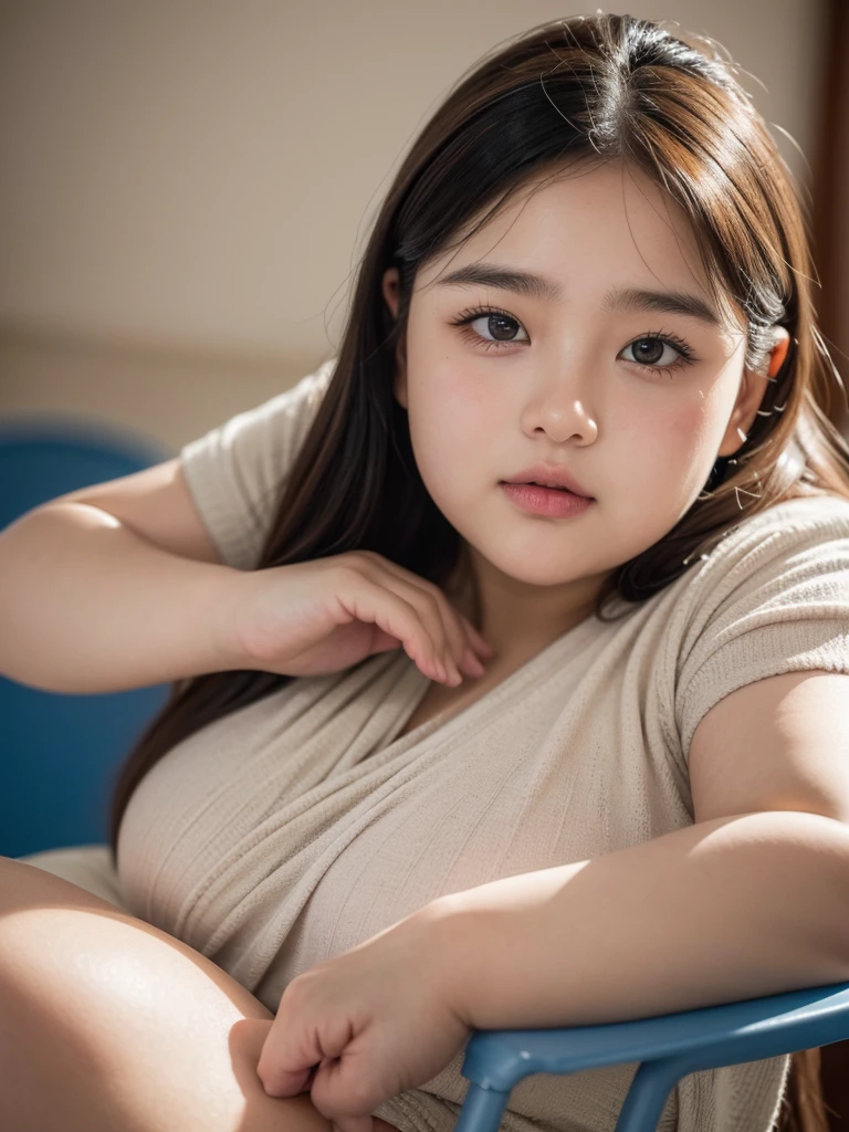 a fat obese girl wearing , beautiful detailed eyes, beautiful detailed lips, extremely detailed eyes and face, long eyelashes, round chubby cheeks, fat body, sitting on a chair, school classroom background, (best quality,4k,8k,highres,masterpiece:1.2),ultra-detailed,(realistic,photorealistic,photo-realistic:1.37),vibrant colors,studio lighting,hyper realistic,detailed facial features,intricate clothing folds,soft lighting