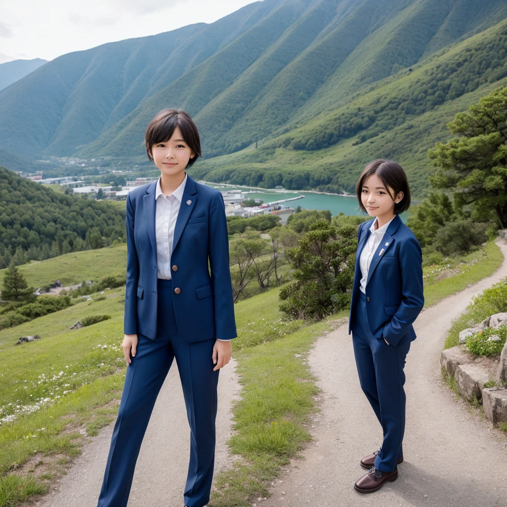 Female junior high school student president、pants suit、short hair、Deep in the mountains