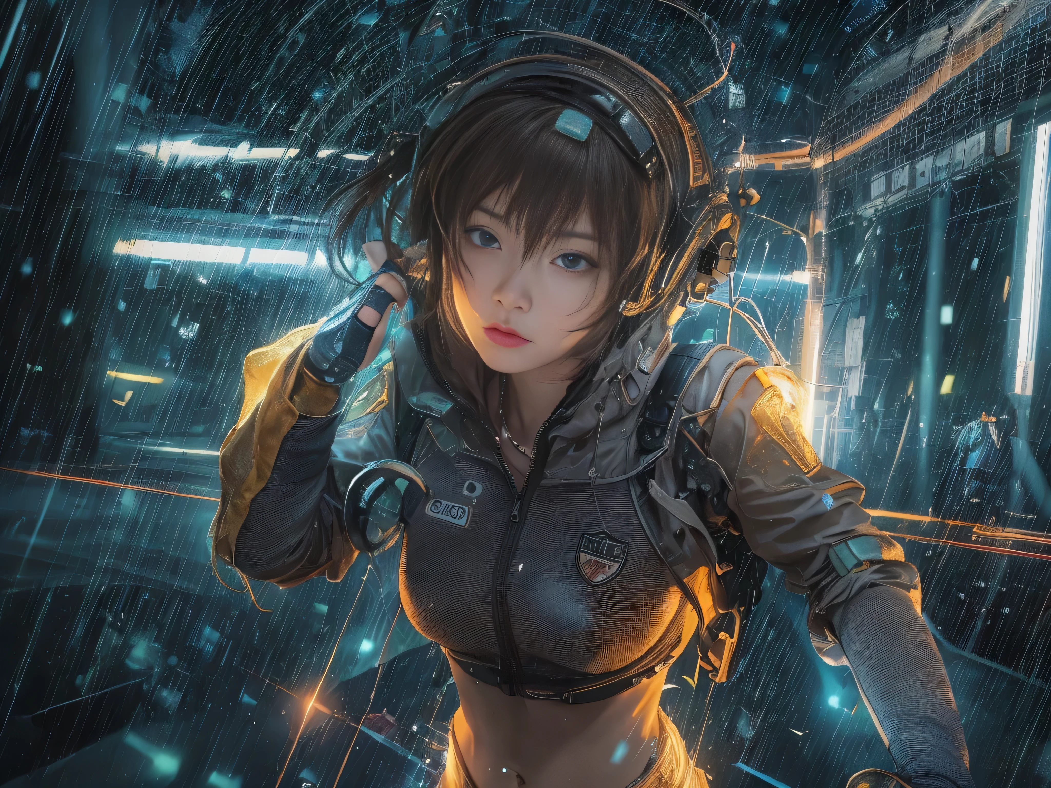 Best image quality, Cinema Lighting, Octane Rendering, Ultra Sharp, 1 girl, Japanese, Troubled face, Glowing Skin, Detained fugitives, (Running at full speed), Brown Hair, Shortcuts, All-white pilot suit:1.3, Cleavage, cyber punk, A night sky filled with countless twinkling stars, Shining Milky Way, heavy rain:1.3, What's left behind, Laser beam attack, Big Explosion:1.3, Pillar of Fire:1.2, City in flames, flood, Wet Hair:1.5, Wet Skin:1.5, puddle, Fine Eyes, Fine skin, Camel Toe, Detailed CG image quality, 8mm fisheye lens, Angle looking up from below:1.2, (Full body angle), Soaking wet, The shutter speed is fast,