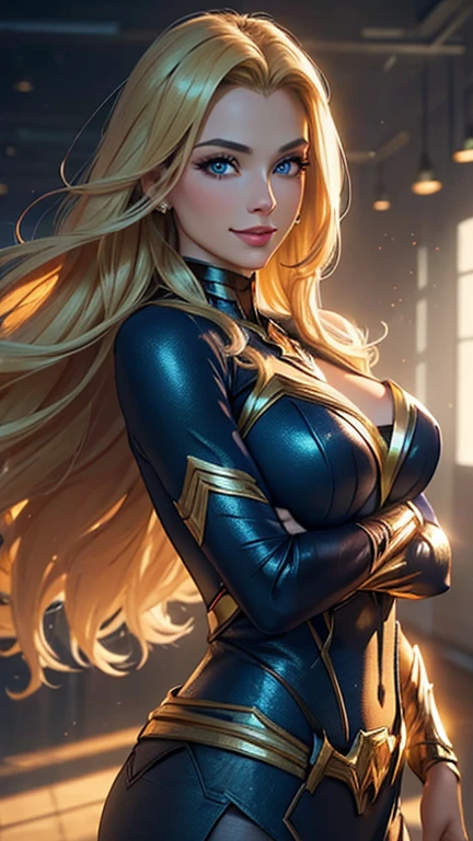 "Complete art masterpiece, high quality, ultra detailed in 4k, 8k, high resolution, hyper-realistic photo, hyper-detailed, realistic skin texture, amazing shadows, extremely detailed texture, perfect lighting, high-level image quality." A female heroine, (Fair skin, blond hair, outlined eyes, outlined face, bracelet, Full body), wearing a one-piece superhero costume, squatting with hands behind head, armpit