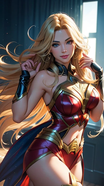 (best quality,ultra-detailed,photo-realistic:1.37),bright and vibrant colors,studio lighting,playful expression,stylish makeup,long blonde hair flowing in the wind,alluring eyes,glossy lips,sexy pose, DC Justice League, Headquarter, smiling in a confident and seductive way,posing for a professional photoshoot,shallow depth of field,highlighting the main subject,soft natural lighting,creating a dreamy and magical atmosphere.