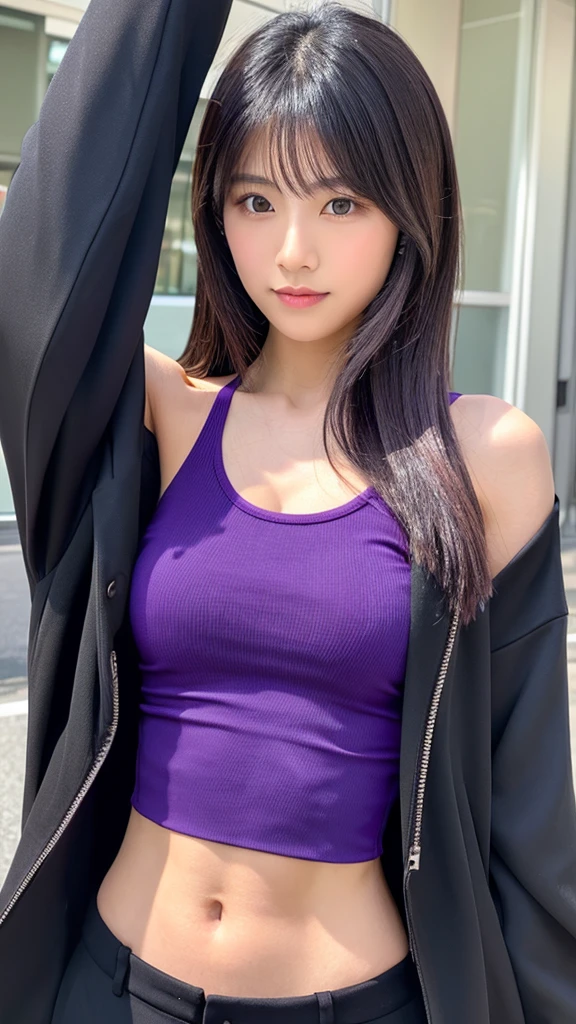 Japanese woman wearing a black jacket and purple tank top, tight black trousers, with six pack abs, long hair