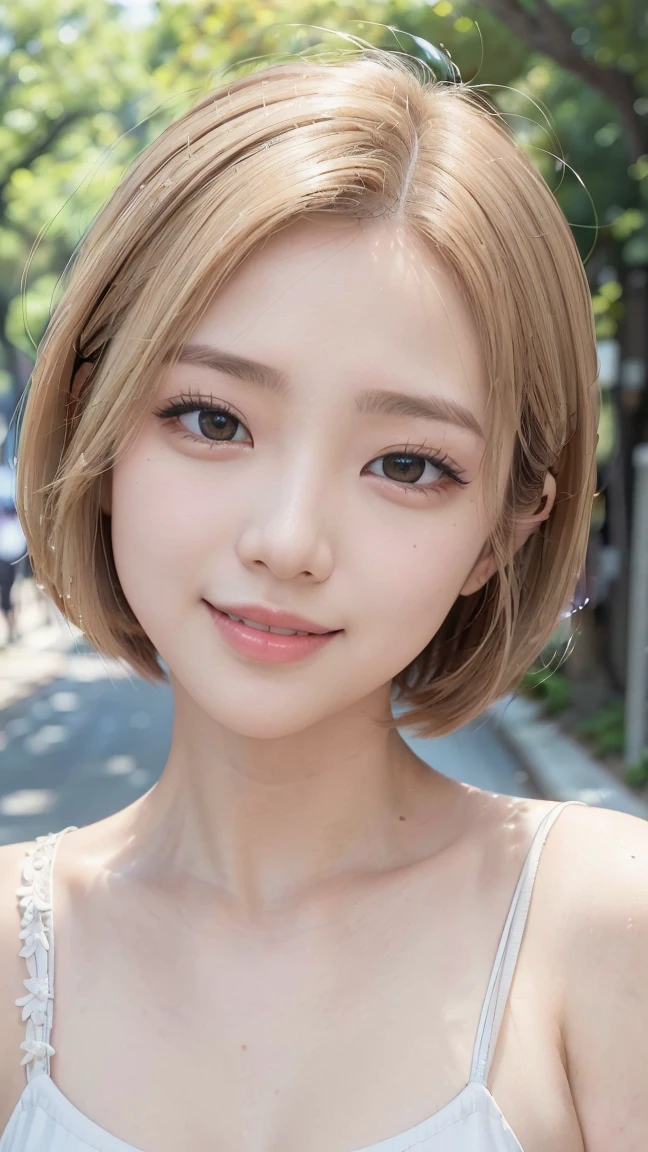 Realistic, masterpiece, Highest quality, (Tree-lined street, The background is blurred:1.3), (One girl:1.3), Photo of a woman smiling happily, (Droopy eyes:1.3), Beautiful and exquisite, (Dark Eyes:1.3), Long eyelashes, Eyelash extensions, (Hidden eyelid wrinkles:1.3), (blonde, short hair, middle part:1.3), (Swimsuit), (Full body portrait:1.3)