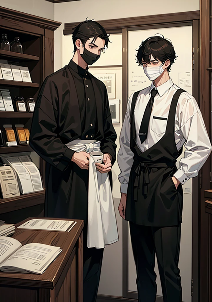 A tall boy with short black hair that wear a white university shirt under black apron and wear a black mask standing with a boy with short black brown hair that wear a university shirt and both of them standing in front of soy milk store