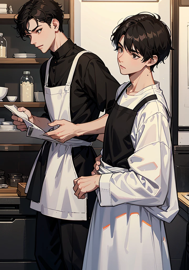 A tall boy with short black hair that wear a white university shirt under black apron and wear a black mask standing with a boy with short black brown hair that wear a university shirt and both of them standing in front of soy milk store