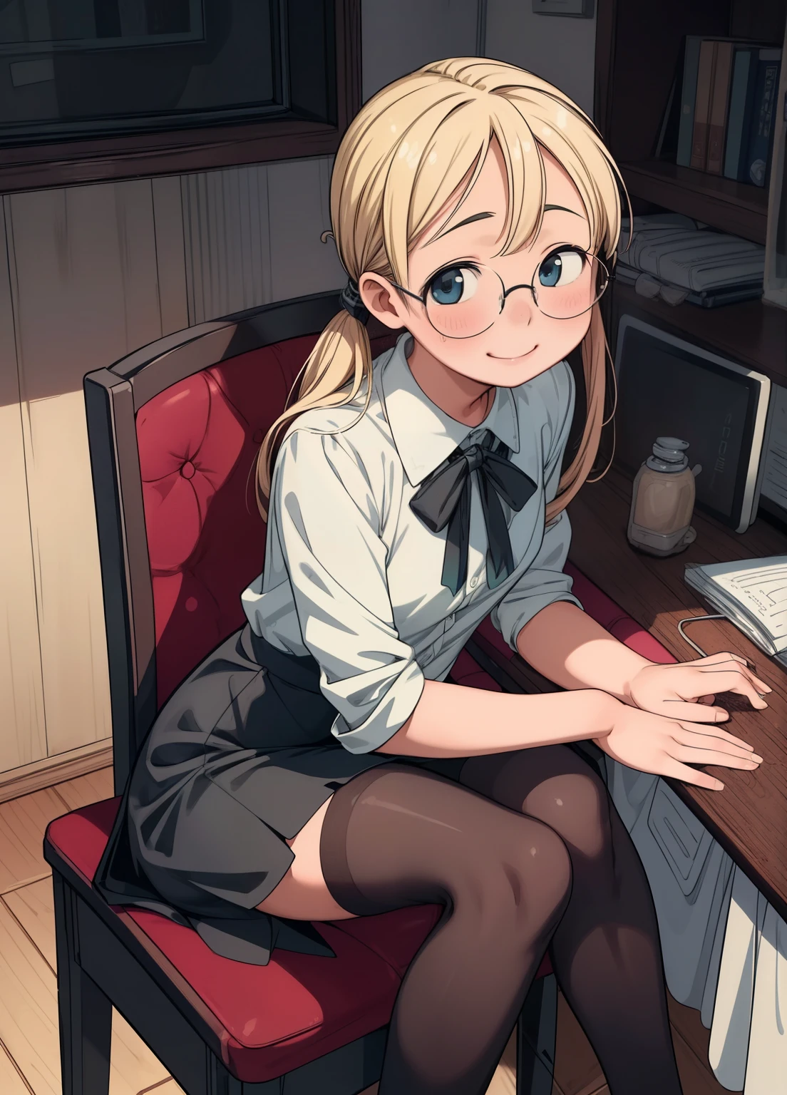 (masterpiece、最high quality、最high quality、Official Art、Beautiful and beautiful:1.2)、(One girl:1.3)Hatsune Miku、Twin tails,Beautiful breasts,masterpiece, 最high quality, high quality, High resolution, high quality texture, high quality shadows, High resolution, Beautiful details, Detailed CG, Detailed Texture, Realistic representation of face, Realistic, colorful, delicate, Cinematic Light, Side light, Lens flare, Ray Tracing, sharp concentrate, (1 Girl,concentrate:1.3), ( Intricate details, Compensate, PureErosFaceV1:0.5), (細部まで美しいdelicateな顔, 緻密で美しいdelicateな瞳, Perfect Facial Proportions, dense skin, Optimal ratio of four fingers to one thumb,Unified 8k wallpaper, Place your arms under your chest, Modest chest, Wide Hips, Smooth upper abdomen, Age 35, blue eyes, Glasses, Air Fortress Hair, Blonde, housewife, The gaze of true love, Temptation lips, A thoughtful look ,Smile full of love, I love you, Pretending to be in love, I love you so much,

Flight attendant uniform,White blouse,Tight fitting black skirt,Black Stockings, Excellent secretary ,Work as a secretary, Wooden Desk, Wooden chair
