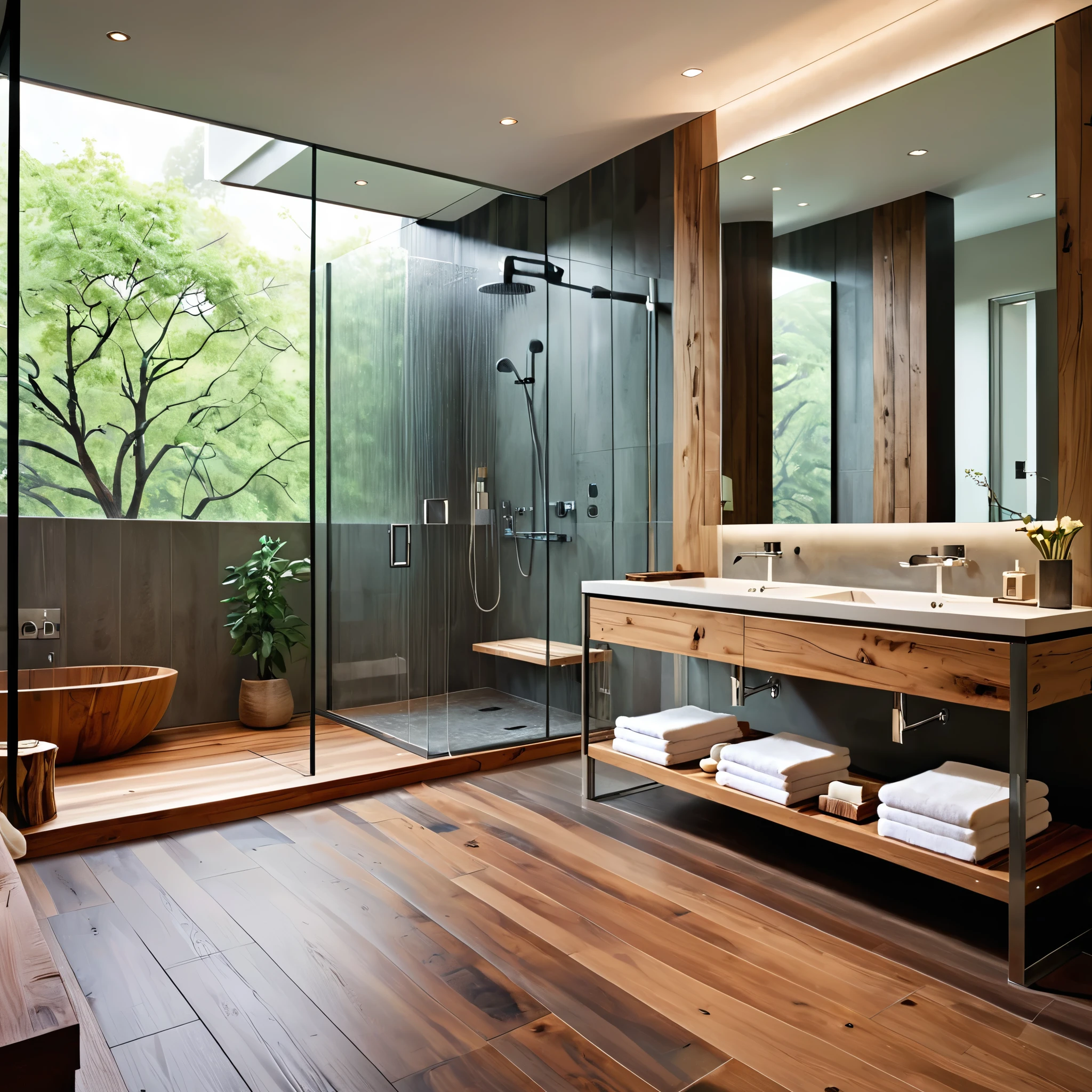 Design a sleek and modern bathroom with a minimalist aesthetic. The bathroom features a large glass-enclosed shower with a rainfall showerhead. The vanity area includes a long wooden countertop with dual sinks and a large mirror above it. The room is illuminated by recessed lighting, creating a bright and clean atmosphere. The flooring is a combination of wood and tiles, adding warmth to the space.