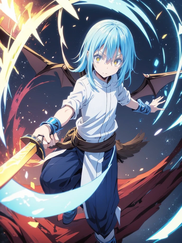 Rimuru with demon wings drawing his sword from a portal 