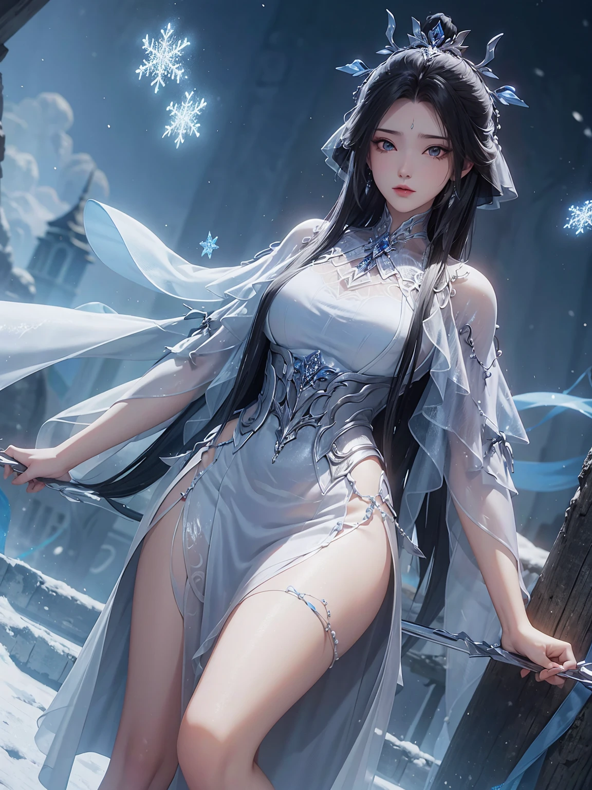 ((8K，best quality，masterpiece，Very detailed))，A girl，(whole body)，，Lace，Leg ring，transparent，Off-shoulder，Slit skirt，snowflake，snow