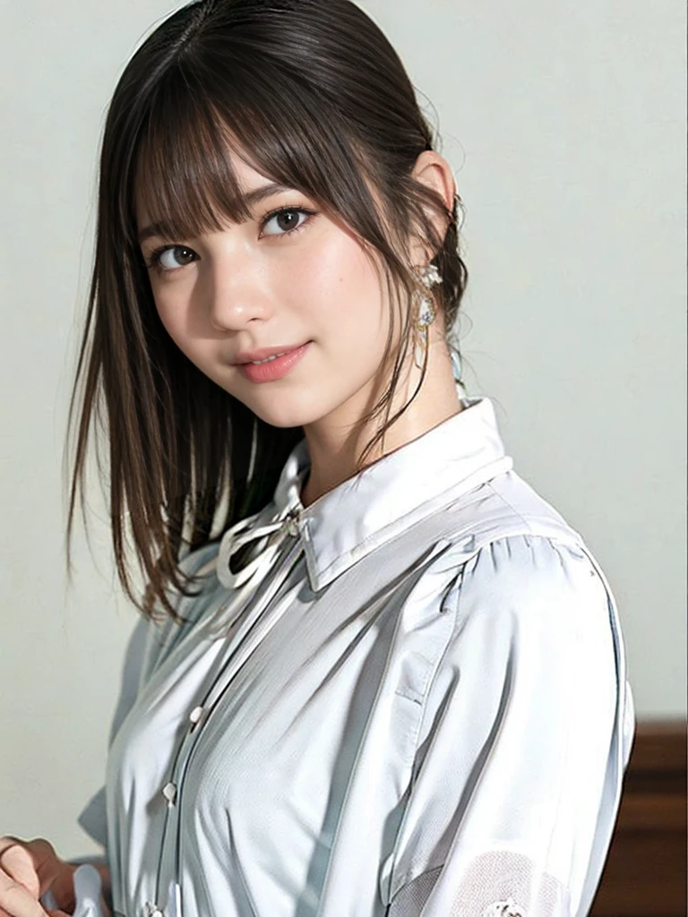 raw photo, 1girl, medium breast, collared blouse, White blouse、light smile, detailed skin, pore, simple background, anatomically correct、Upper body、White blouse、, photorealistic, masterpiece, best quality, UHD