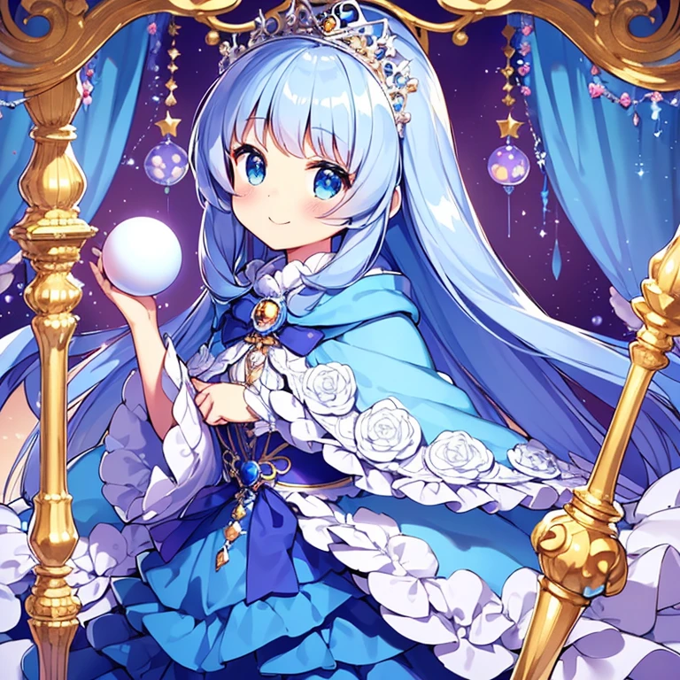 looking at viewer,(kawaii),(best quality),(ultra detailed), upper body,(rococo style),(long train blue cape:1.15), very long cape,(long train white ball gown with flower decorations:1.1), a girl is wearing a cape over her gown, 1  princess, tiara, smile, very long hair, small breasts