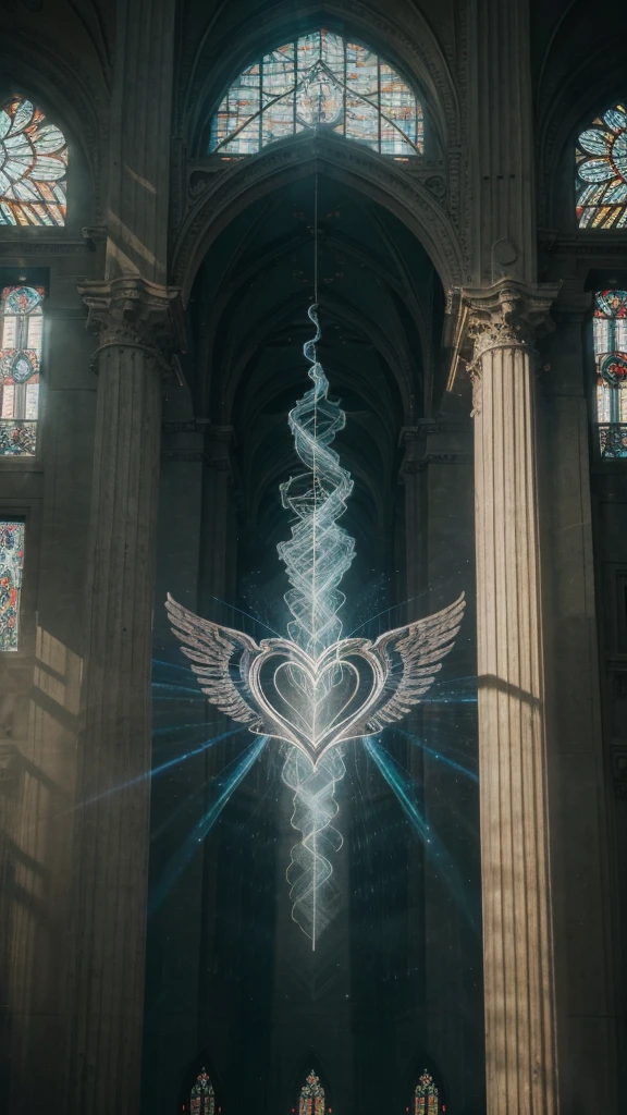"In this image, we see a heart with wings and a halo depicted in a building setting with a sky background. The heart is the central focus, with intricate details such as a lightning trail coming out of it. The artwork is colorful, with shades of gray, blue, and green dominating the scene. The heart symbolizes love and spirituality, while the wings suggest freedom and transcendence. The setting in a building adds a sense of contrast and mystery to the overall composition. This artwork conveys a sense of whimsy and magic, inviting viewers to contemplate the deeper meanings behind the imagery., 32k, UHD, cinematic chromatic, cinematic lighting, global illumination, chromatic light, photorealistic, ultra detailed, iluminación onírica, 85 mm, dramatic, low-key lighting on a mysterious, photorealistic , ultra photoreal , ultra detailed, intricate details. 