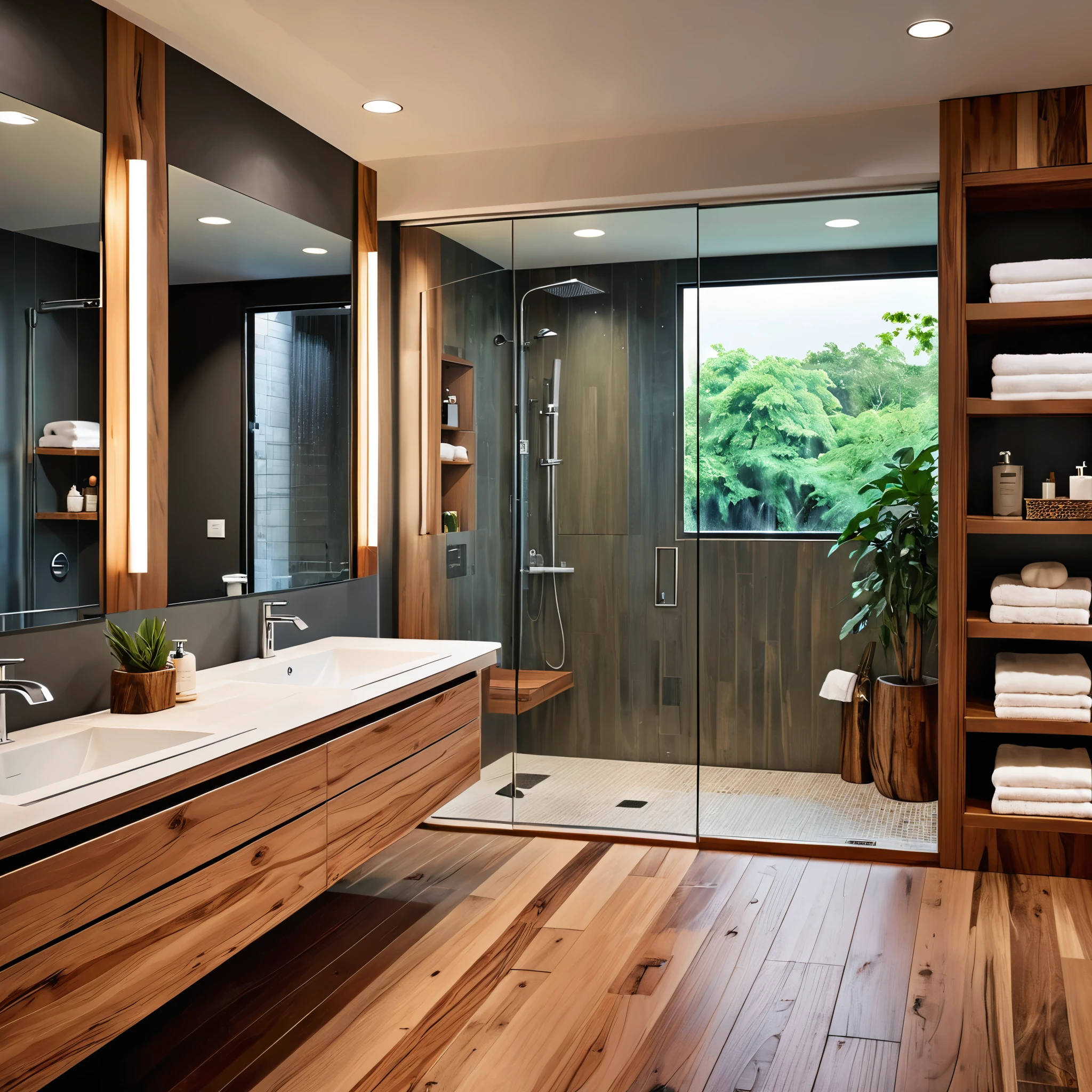 Design a sleek and modern bathroom with a minimalist aesthetic. The bathroom features a large glass-enclosed shower with a rainfall showerhead. The vanity area includes a long wooden countertop with dual sinks and a large mirror above it. The room is illuminated by recessed lighting, creating a bright and clean atmosphere. The flooring is a combination of wood and tiles, adding warmth to the space.