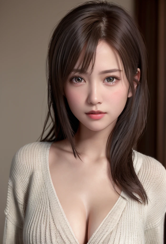 8K, of the highest quality, masutepiece:1.2), (Realistic, Photorealsitic:1.37), of the highest quality, masutepiece, Beautiful young woman, Pensive expression,、A charming、and an inviting look, Oversized knitwear、cleavage of the breast, Hair tied back, Cinematic background, Light skin tone