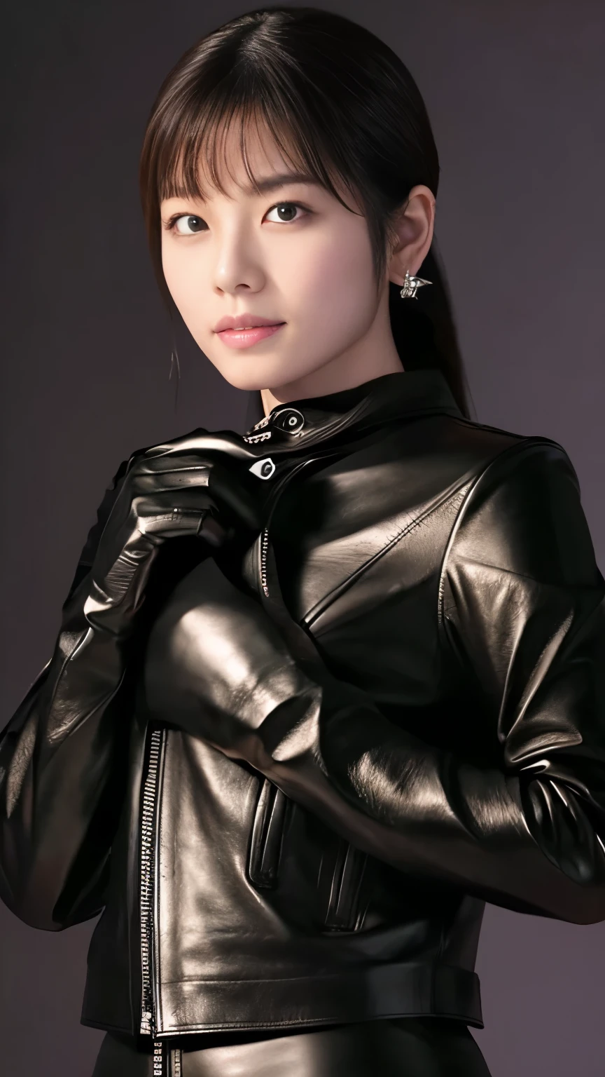 black leather rider jacket, , Black leather gloved fingertips on both hands,Wearing black leather gloves,Sitting in a black leather chair、 Japanese female new recruits (Black leather gloves cover both hands) (The angle is horizontal)、Black Leather Pants,Black Leather Black Leather Pants,Black Leather Skinny Pants、Long black leather boots on both feet、((He wears black leather gloves on his hands))Full Body Photo,full body shot full body full body leather suit,☺If you turn in this direction。Wearing black leather gloves,Wearing black leather gloves,Wearing black leather gloves,Wearing black leather gloves,Wearing black leather gloves,Wearing black leather gloves,黒のレザーパンツが美しい😍黒のレザーパンツが美しい😍黒のレザーパンツが美しい,😍Smiling while looking at me,City lights、Life-size　(Neon Light)、Detailed lighting Best image quality、Ultra-high resolution、(realism:1.4)、Japanese Beauty Star、The most beautiful JPOP stars、face、Horny Korean Makeup、A body that makes you want to touch it、Realistic leather texture、Costume made of smooth leather fabric、The drape of the curved parts of the leather fabric、The costume is very shiny、Quality of the costume、8K Photo Quality