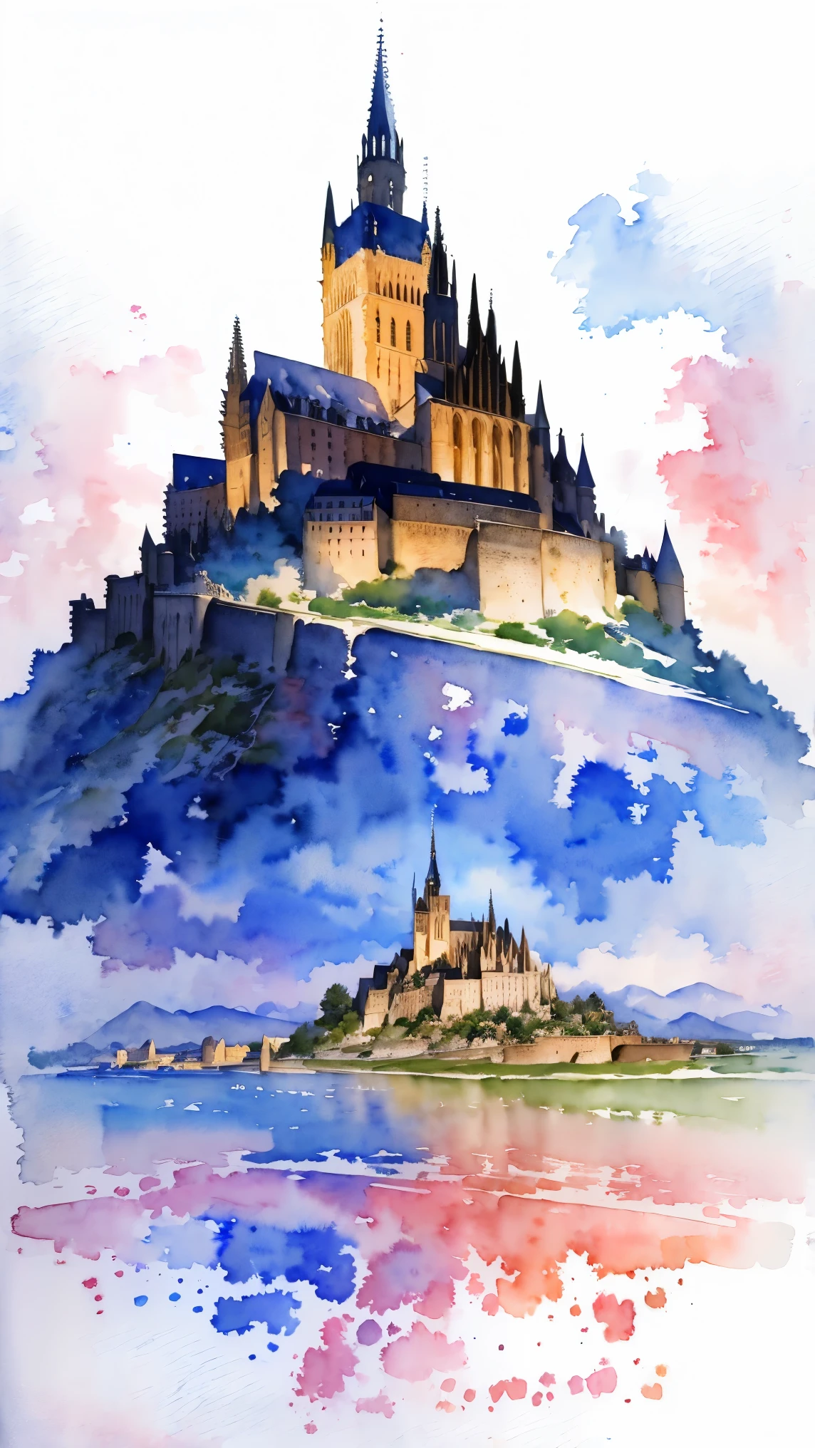(masterpiece:1.2, Highest quality),(Very detailed),(((watercolor))),8K,wallpaper,Landscape of France,Mont Saint-Michel,night
