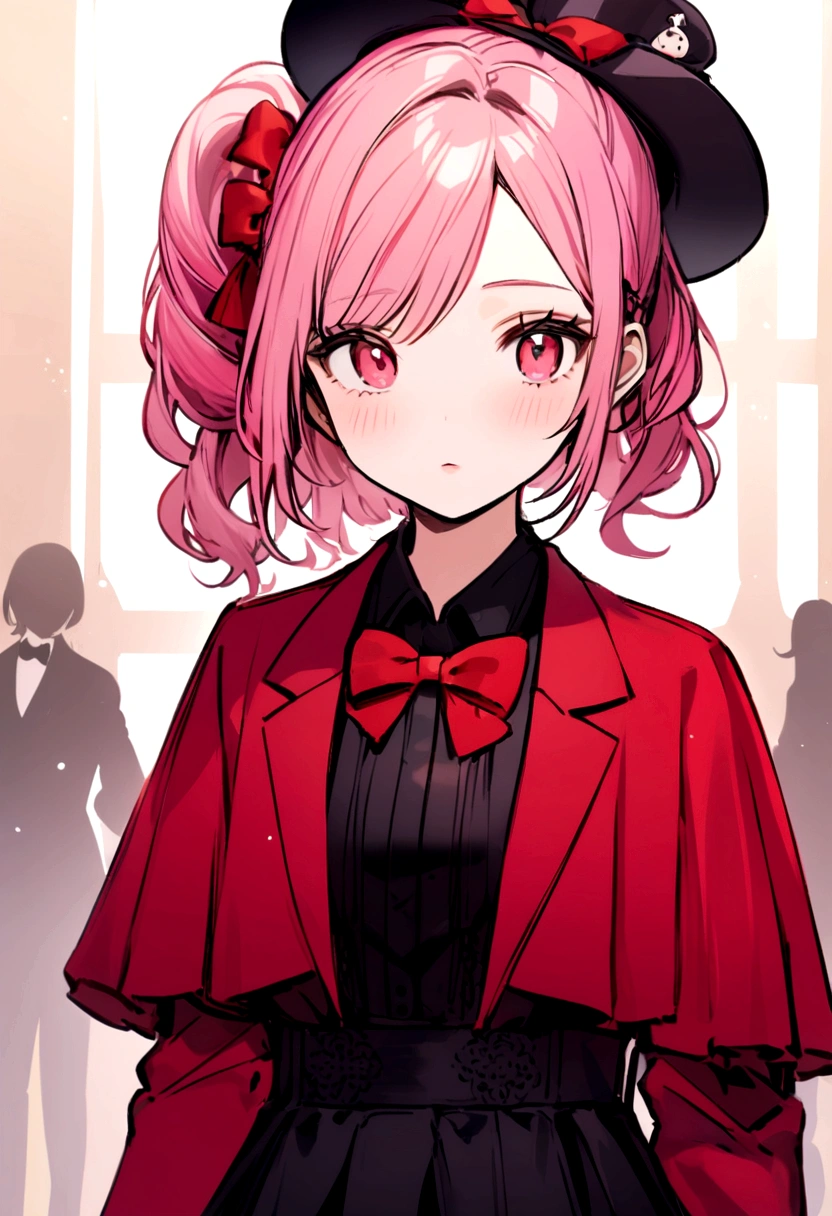 Girl with pink hair, in formal wear with red sleeves, in a black skirt, with a red bow on his head