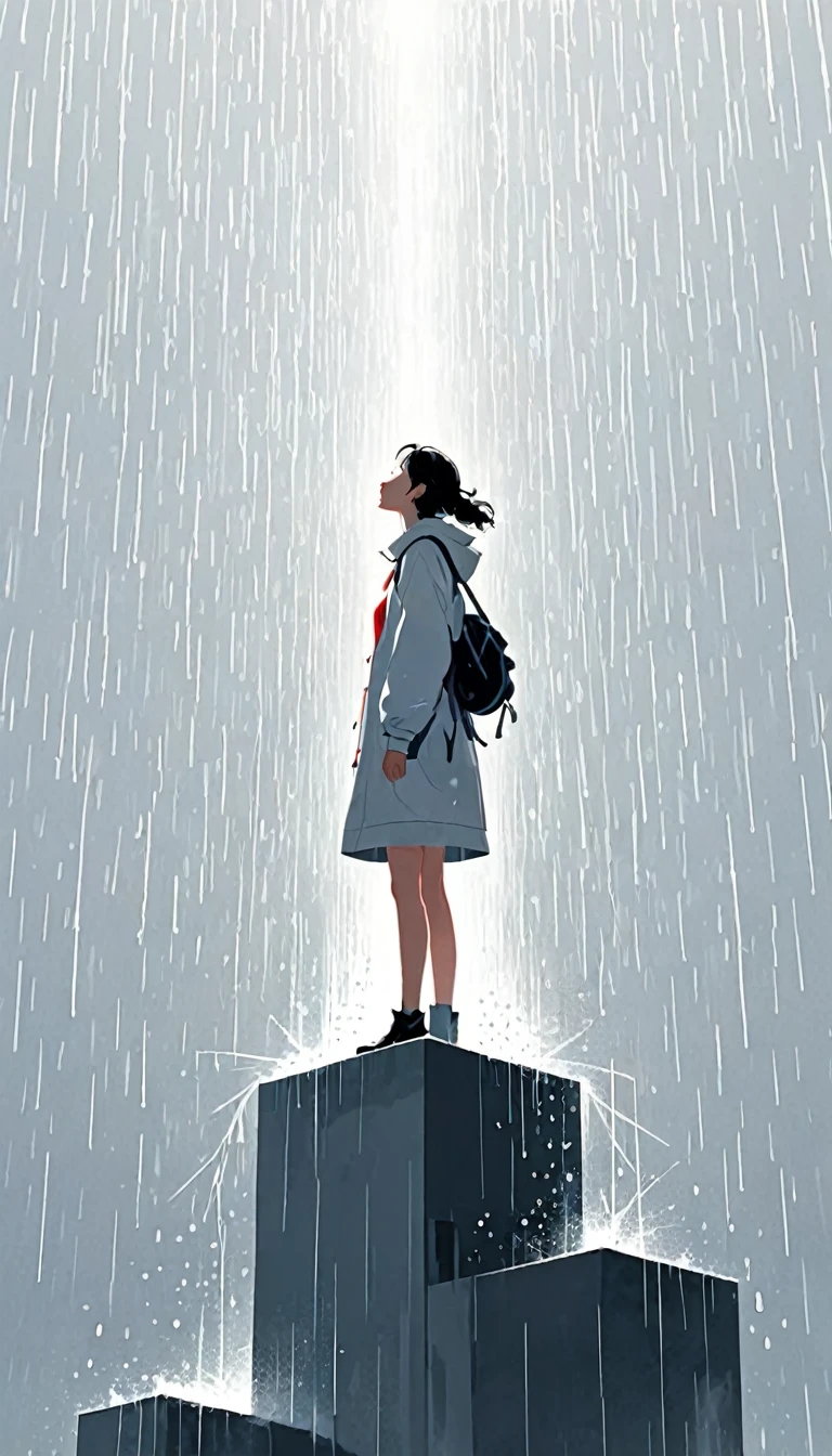 Art Illustration,official art style,Heal the mind,Shock,simple,Minimalist illustration,geometry,Light and Shadow,one把红色rain伞, figure on a high place,Lots of white space,rain