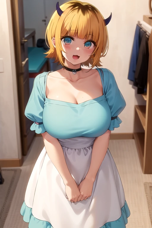 best quality, masterpiece, detailed,
memcho,
open mouth, :3, happy,
short hair, blonde hair, multicolored hair, aqua eyes, blunt bangs, horns,, collarbone, puffy sleeves,standing, looking at the viewer,Huge breasts:1.5、
indoors、t shirt maxi(tight)dress:1.5、The whole body is visible、Cleavage