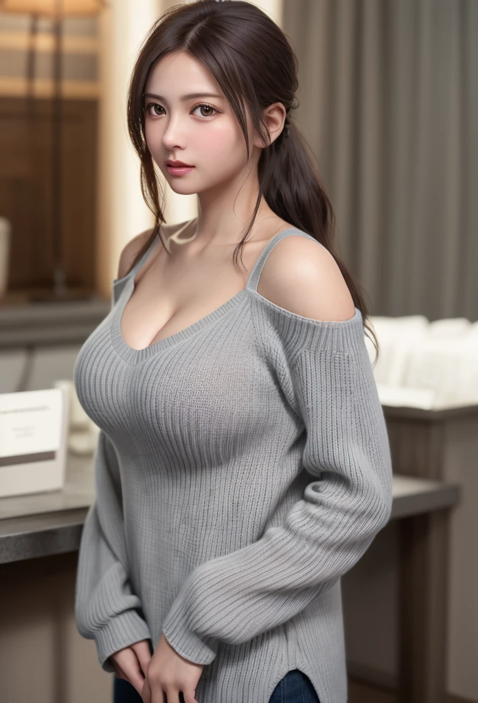 woman, Big Breasts, Redhead, blue eyes, Transparent sweater, Sexy proportions、Sexy、Narrow waist、smile、slender、