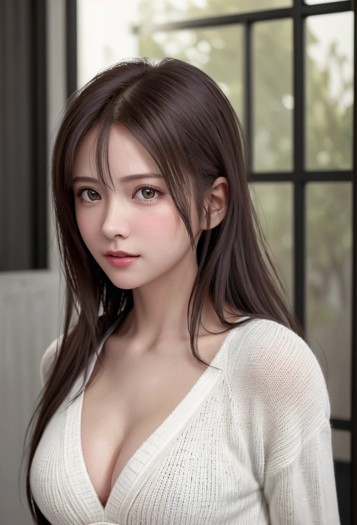 8K, of the highest quality, masutepiece:1.2), (Realistic, Photorealsitic:1.37), of the highest quality, masutepiece, Beautiful young woman, Pensive expression,、A charming、and an inviting look, Oversized knitwear、cleavage of the breast, Hair tied back, Cinematic background, Light skin tone