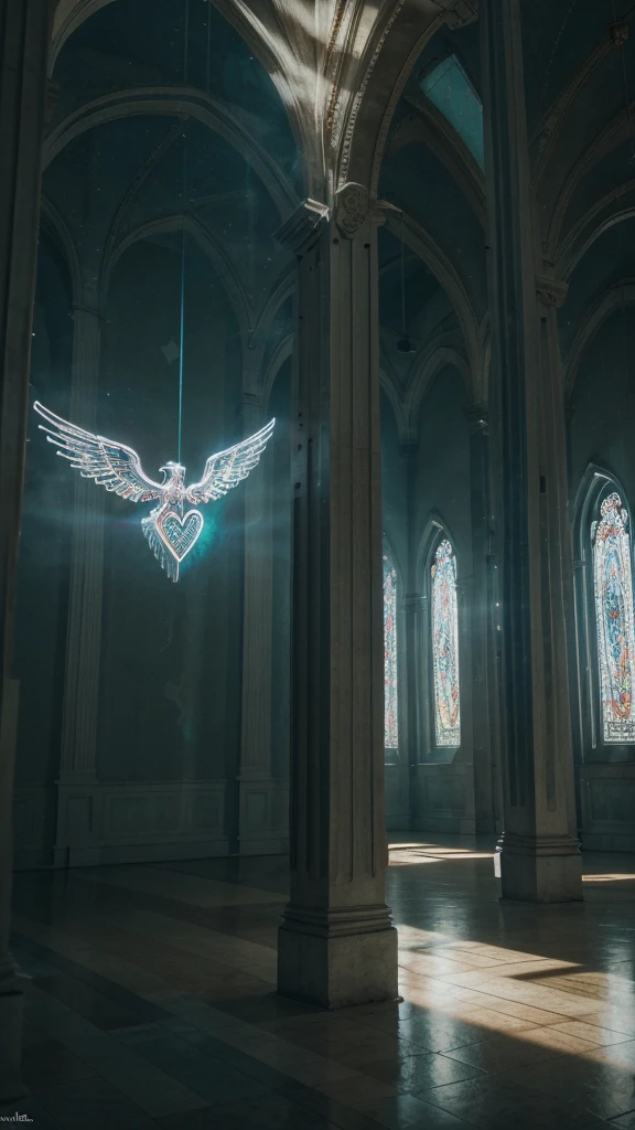 "In this image, we see a heart with wings and a halo depicted in a building setting with a sky background. The heart is the central focus, with intricate details such as a lightning trail coming out of it. The artwork is colorful, with shades of gray, blue, and green dominating the scene. The heart symbolizes love and spirituality, while the wings suggest freedom and transcendence. The setting in a building adds a sense of contrast and mystery to the overall composition. This artwork conveys a sense of whimsy and magic, inviting viewers to contemplate the deeper meanings behind the imagery., 32k, UHD, cinematic chromatic, cinematic lighting, global illumination, chromatic light, photorealistic, ultra detailed, iluminación onírica, 85 mm, dramatic, low-key lighting on a mysterious, photorealistic , ultra photoreal , ultra detailed, intricate details.