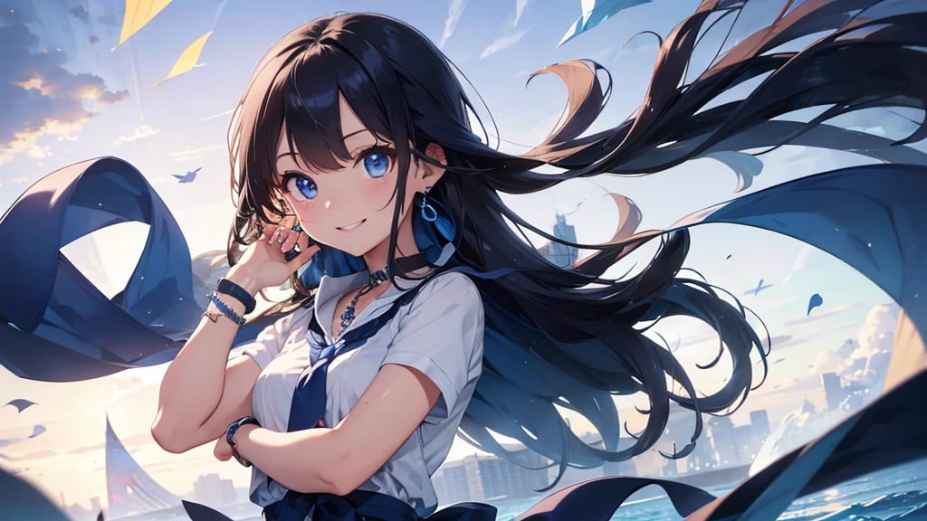 Highest quality、Highest quality、masterpiece、(8K),beauty(Age 25)、Navy blue long hair、Working、blue eyes、smile、blue necklace、Blue Earrings、background(Daytime)、Tie your hair with a checked ribbon、bracelet、I'm using a computer