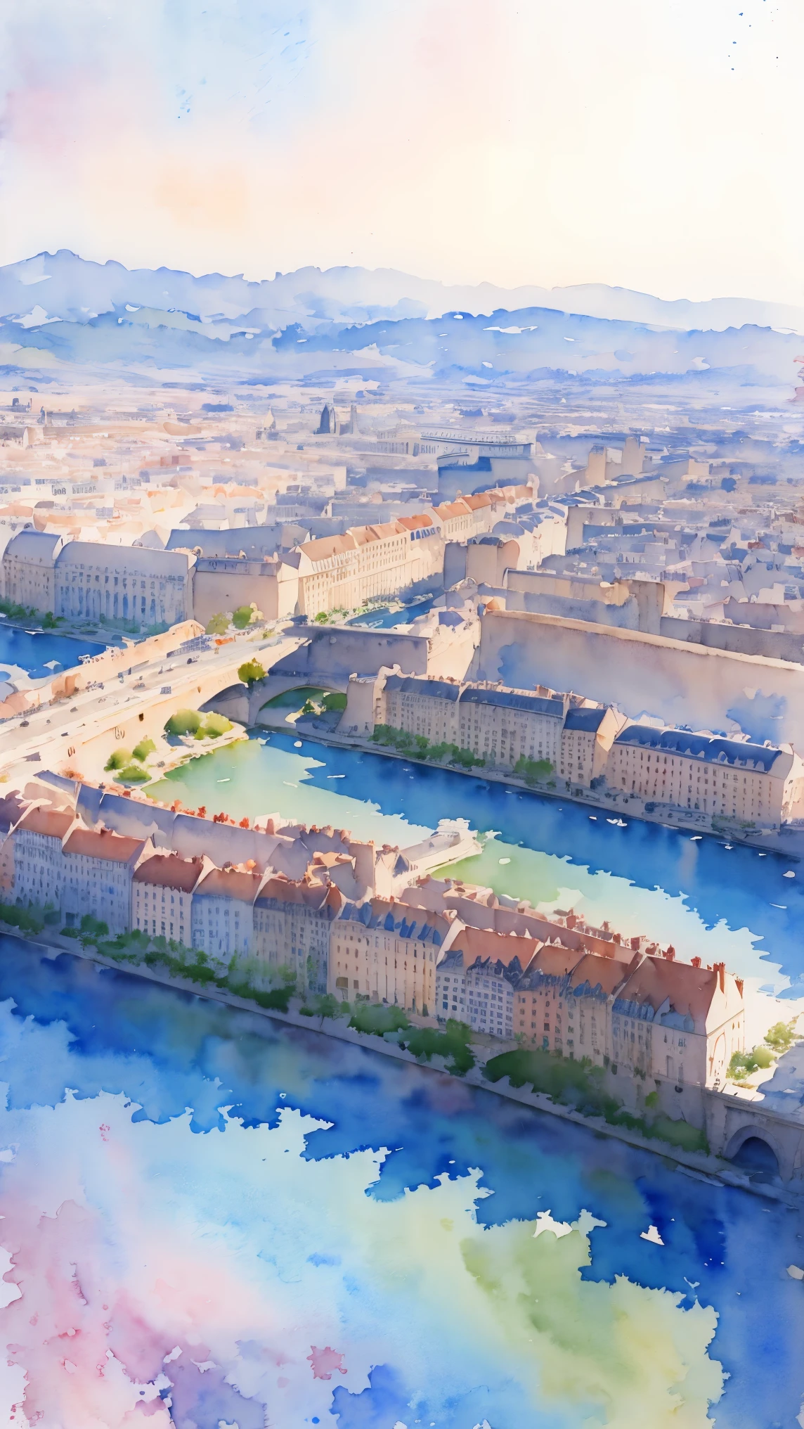 (masterpiece:1.2, Highest quality),(Very detailed),(((watercolor))),8K,wallpaper,Landscape of France,Paris city,From the sky